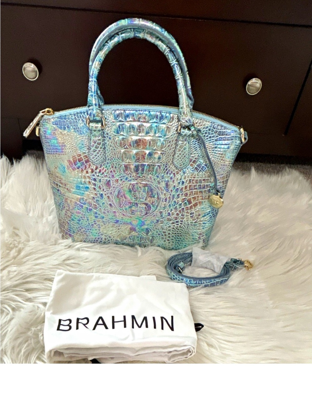Brahmin wonderland Iridescent Aqua Blue Croc-Embossed Duxbury Satchel
